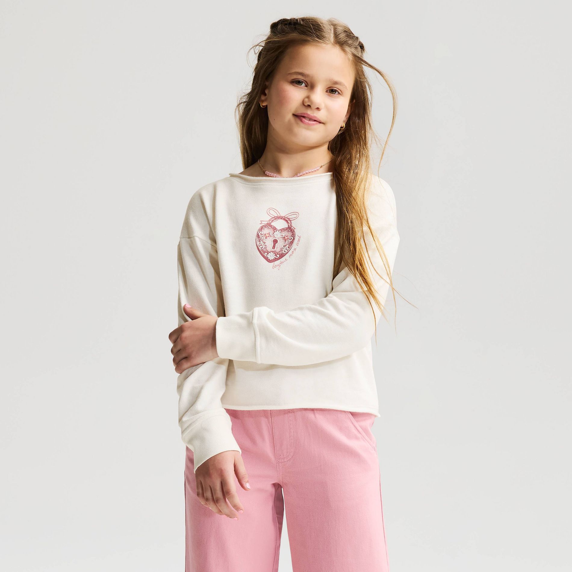 Girls' French Terry Off The Shoulder 'Locket Charm' Graphic Pullover Sweatshirt - Cat & Jack™ Cream L