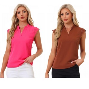 INSPIRE CHIC Women's Work Office V Neck Stand Collar Lace Cap Sleeve Basic Blouse 2 Pieces - 1 of 4