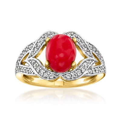 Ross-Simons Red Coral and 0.40 ct. t.w. White Zircon Ring in 18kt Gold Over Sterling