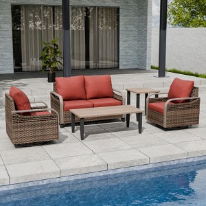 EAGLE PEAK Wicker Outdoor Patio Conversation Set, 2 Swivel Rocking Chairs, 2-Seat Loveseat, Coffee Table and Side Table, 5 Pieces - 1 of 4