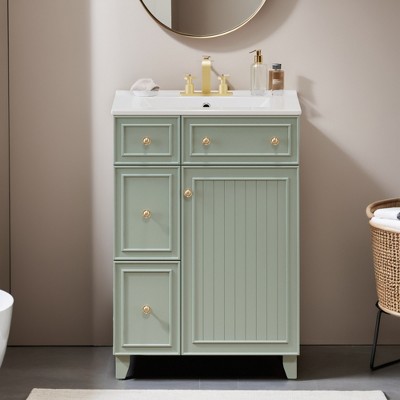 24" Bathroom Vanity with Sink, Free Standing Single Basin Vanity Set with Two Drawers and One Door - Leovsnove