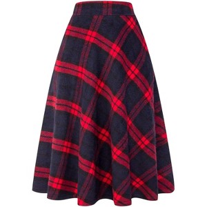 Women's Plaid Wool Skirt - Elastic Waist A-Line Pleated Tartan Long Skirt Long Red - 1 of 4