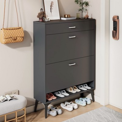 Angel Sar Shoe Cabinet with 2 Flip Drawers for Entryway, Free-Standing Shoe Storage Cabinet, Grey