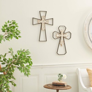 Set of 2 Metal Cross Carved Wood Wall Decors Black - Olivia & May: Iron Traditional Style, Vertical Display - 1 of 4