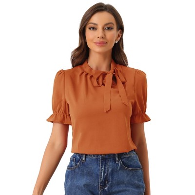 INSPIRE CHIC Women's Bow Tie Neck Solid Color Elastic Cuffs Elegant Office Short Sleeve Blouse