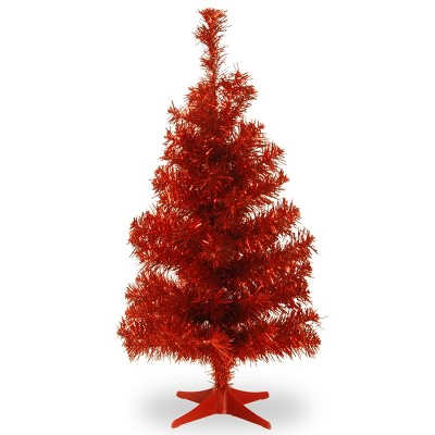 3ft National Christmas Tree Company Red Tinsel Artificial Christmas Tree with Plastic Stand