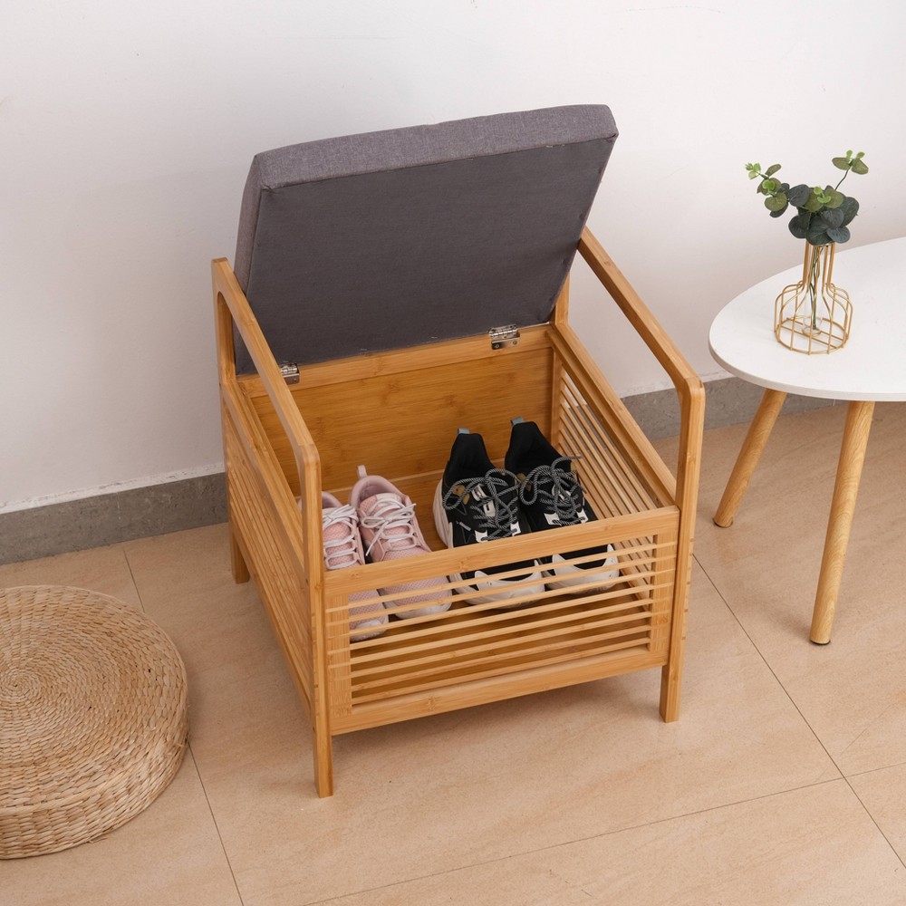 Photos - Pouffe / Bench Proman Products Square Cambridge Bamboo Storage Shoe Bench Natural: Upholstered Entryway Bench with Cushion, Modern Style