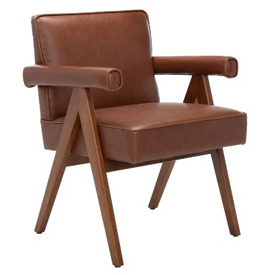 Contemporary Cognac Faux Leather Arm Chair with Walnut Finish
