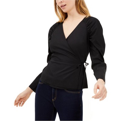 I.N.C International Concepts Womens Puff Sleeve Wrap Peplum Blouse, Black, Medium