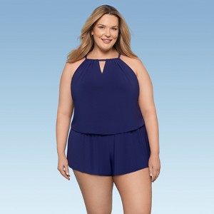 Aqua Green, Women's Keyhole Blouson Romper - 1 of 3