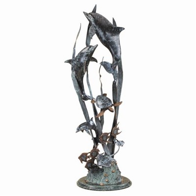 SPI Home Brass Dolphin Seaworld Seascape – 50" Ocean-Themed Floor Sculpture with Marine Life Detail