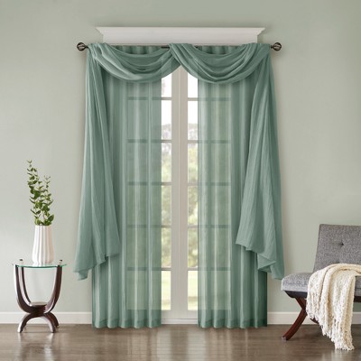 Aqua Sheer Polyester Ground Length Window Drapes, 2-Piece Set
