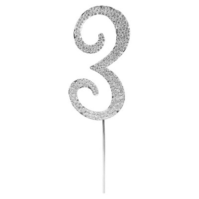 O'Creme Rhinestone Silver-Colored Number-3 Cake Topper 4 Inch