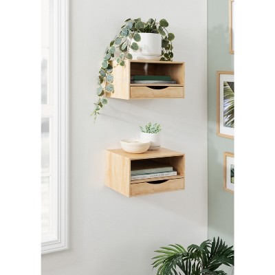 Natural Wood Floating Shelf with Drawer and Cubby