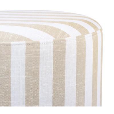 Dex Beige and White Striped Linen Ottoman with Wood Base