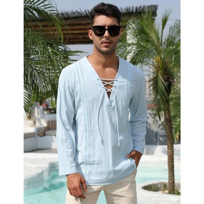 WhizMax Men's Cotton Linen Henley Shirt Lace Up Long Sleeve V Neck Casual Beach Hippie Shirts
