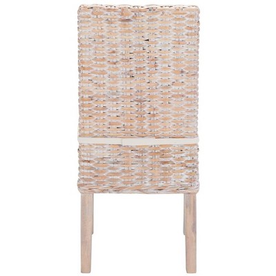White Upholstered Rattan Side Chair with Natural Wood Legs