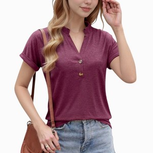 Anna-Kaci Women's Short Sleeve V-Neck Blouse with Button Front and Rolled Cuffs Casual Relaxed Fit - 1 of 4