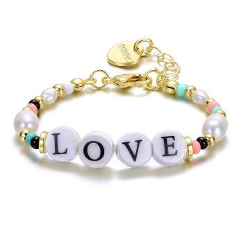 Guili 14k Yellow Gold Plated Multi Color Beads Bracelet with Freshwater Pearls and Love Tag in Circular Charms for Kids.