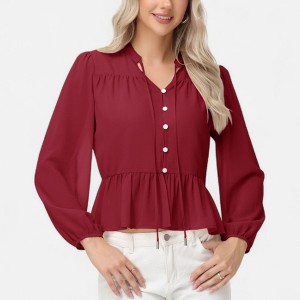 Anna-Kaci Women's Long Sleeve Button Front Peplum Blouse with V-Neckline and Gathered Waist Detail - 1 of 4