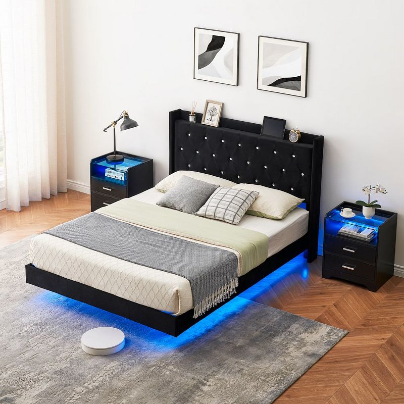 Whizmax Platform Floating Bed Frame with LED Lights, Modern Upholstered Low Profile Bed with Wingback Shelf and Headboard, Black, 1 of 9
