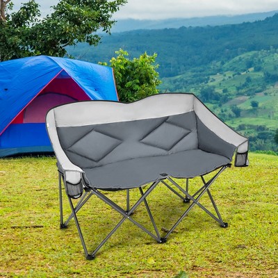 Gray Steel Folding Camping Loveseat Chair with Padded Backrest