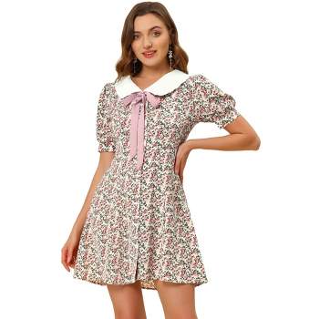 Allegra K Women's Peter Pan Collar Flowy Short Sleeve Ruffle Summer Floral Shirt Dress