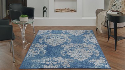 Ivory Navy Floral Damask 6' x 9' Synthetic Reversible Area Rug