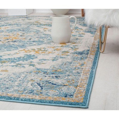 Ivory and Blue Rectangular Synthetic Vintage Area Rug, 5' x 7'