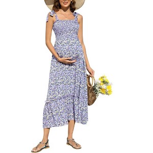 Women's Maternity Smocked Summer Dress Boho Casual Spaghetti Strap Square Neck Sleeveless Maxi Dress Baby Shower - 1 of 4