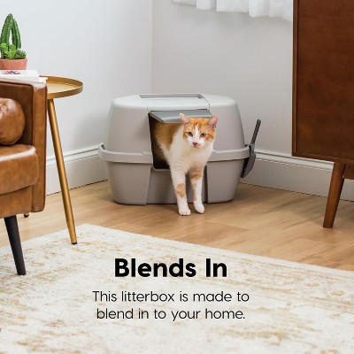 Large Gray Plastic Corner Enclosed Cat Litter Box with Scoop