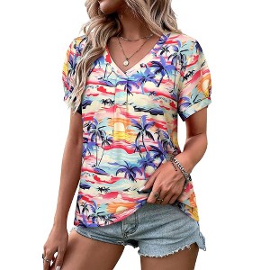 Nlife Womens Puff Short Sleeve Hawaiian Shirts Floral Tropic Printed Pleated V Neck Summer Casual T-Shirt Trendy Boho Blouses Tops - 1 of 4