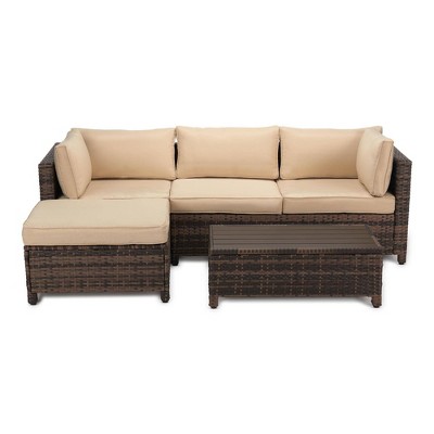 3pc Wicker Patio Sectional Seating Set with Cushions - Beige - EDYO LIVING