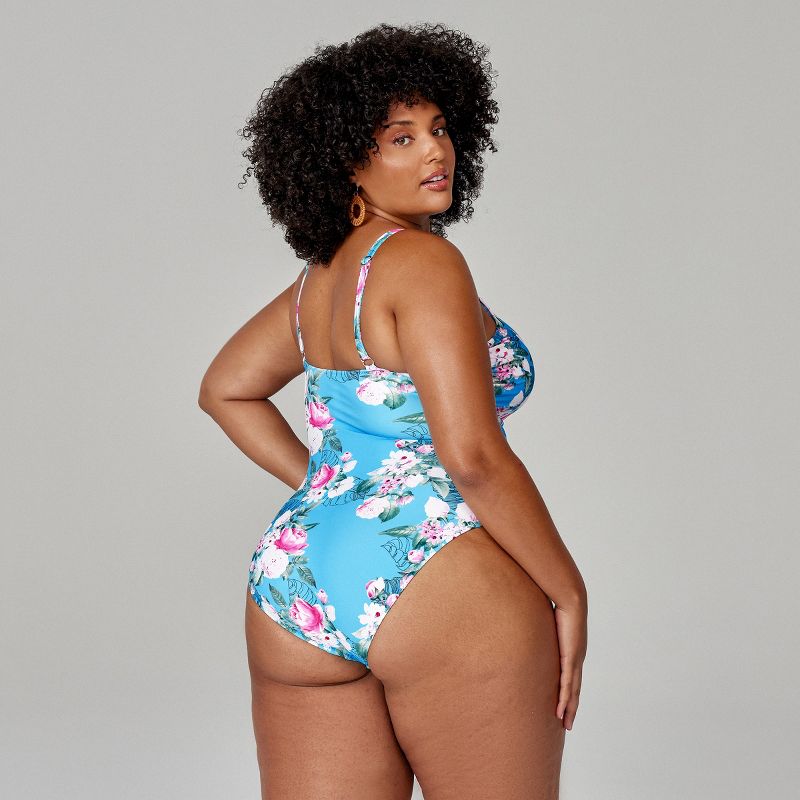 Women's Plus Size Floral Strappy V Neck One Piece Swimsuit - Cupshe-Blue, 3 of 5