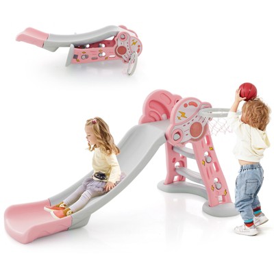Safstar 3-in-1 Kids Indoor Slide w/ Basketball Hoop & Basketball, Safe Buffer Zone Pink