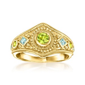 Ross-Simons 0.30 ct. t.w. Peridot and .24 ct. t.w. Swiss Blue Topaz Milgrain Ring in 18kt Gold Over Sterling - 1 of 4