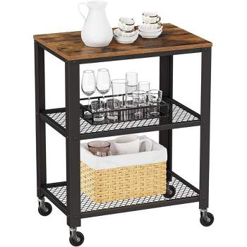 VASAGLE Serving Cart, 3-Tier Bar Cart on Wheels with Storage and Steel Frame, Rustic Brown, 15.7 x 23.6 x 30.6 Inches