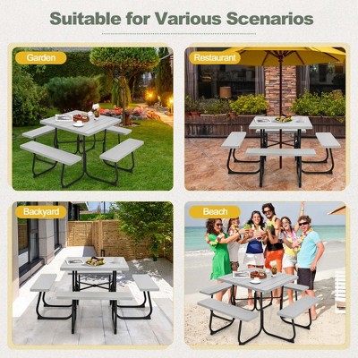 Gray HDPE Outdoor Square Picnic Table with 4 Benches and Umbrella Hole