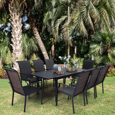 9pc Patio Dining Set with Rattan Arm Chairs & Rectangle Concertina Steel Table - Captiva Designs