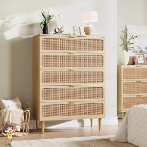 Jojoka 5 Drawer Rattan Dresser for Bedroom, Freestanding Tall Chest of Drawers with Metal Legs, Storage Organizer - 1 of 4