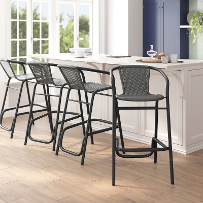 Gray Rattan and Aluminum Indoor-Outdoor Barstools Set of 4