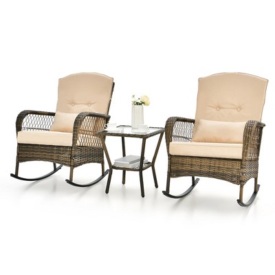 Tangkula Patio Set of 3 Rocking Wicker Bistro Set w/ Tempered Glass Side Table Mix Brown