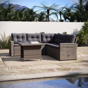 Flash Furniture Huck Indoor/Outdoor Wicker Rattan Conversation Set, L-Shaped Sofa with Dining Table, Weather Resistant Cushions - 1 of 4
