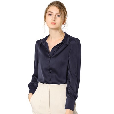 Allegra K Women's Satin Puff Sleeve Point Collar Vintage Button Up ...