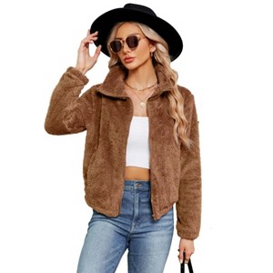 Coolmee Women's Faux Fur Coat Casual Shaggy Jacket with Pockets Warm Winter Zip-Up Fluffy Outwear - 1 of 4
