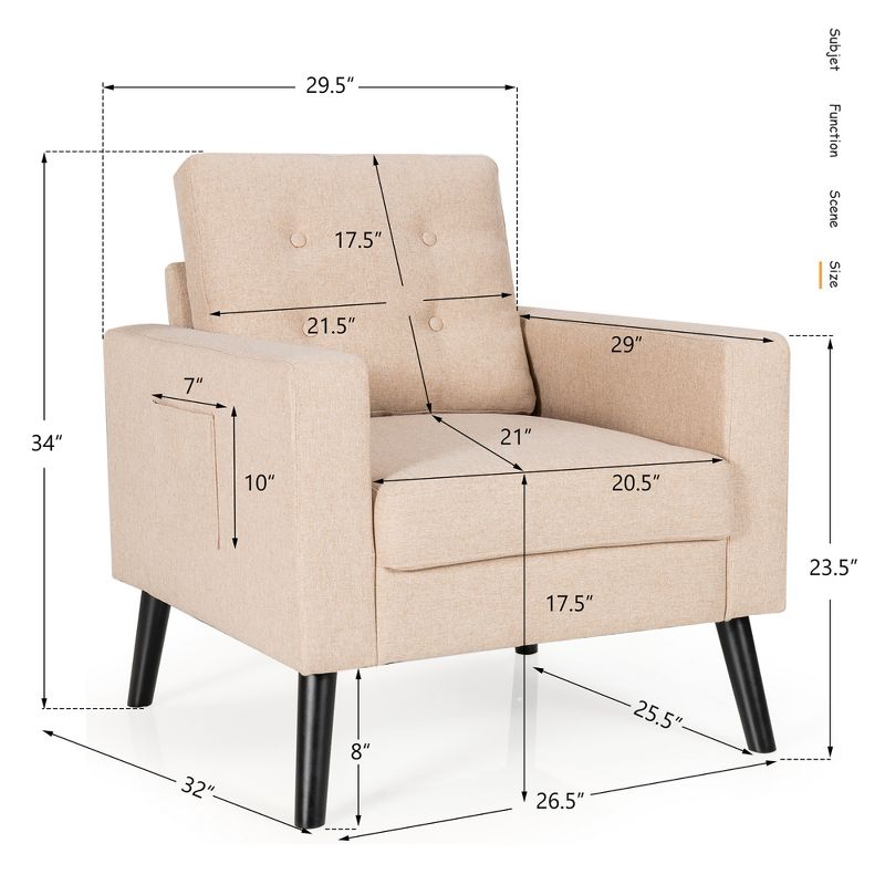 Costway Set of 2 Accent Armchairs Upholstered Single Sofa Chairs w/ 2-Side Pockets, 4 of 11