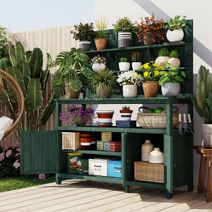 GDFStudio 50"W Fir Wood Garden Workstation with 2 Cabinets and 3 Side Hooks, Green - 1 of 4