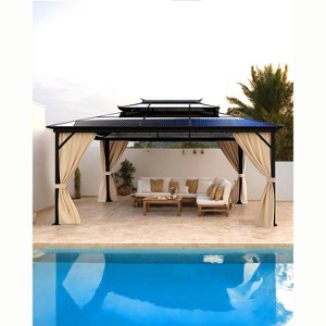 12'x16' Hardtop Gazebo, Outdoor Polycarbonate Double Roof Canopy, Aluminum Frame Pergola with Curtains and Netting for Garden, Patio, Lawns, Khaki - 1 of 4