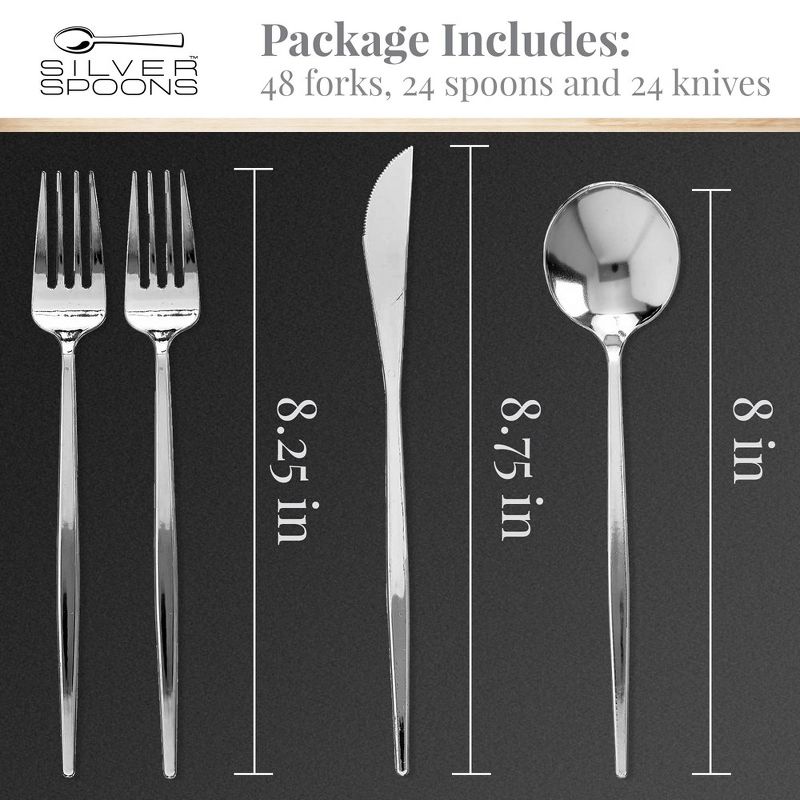 Silver Spoons Modern Disposable Flatware Set, Includes 48 Forks, 24 Spoons and 24 Knives, Opulence Collection, 4 of 5
