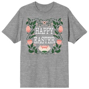 Soft Petal Happy Easter Pink Floral Women's Heather Gray Short Sleeve Crew Neck Tee - 1 of 3
